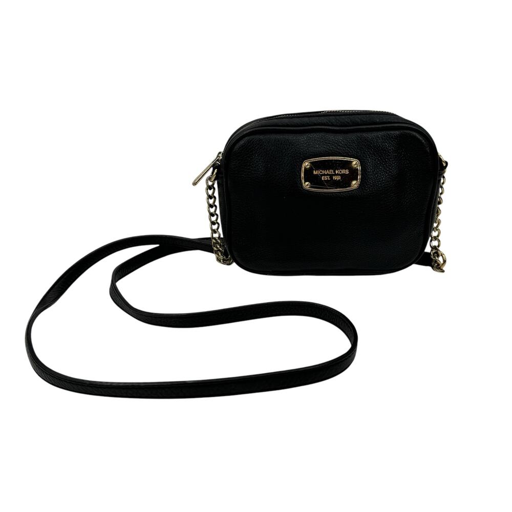 Michael Michael Kors Leather Chain Crossbody Bag Womens Small Black Gold Classic